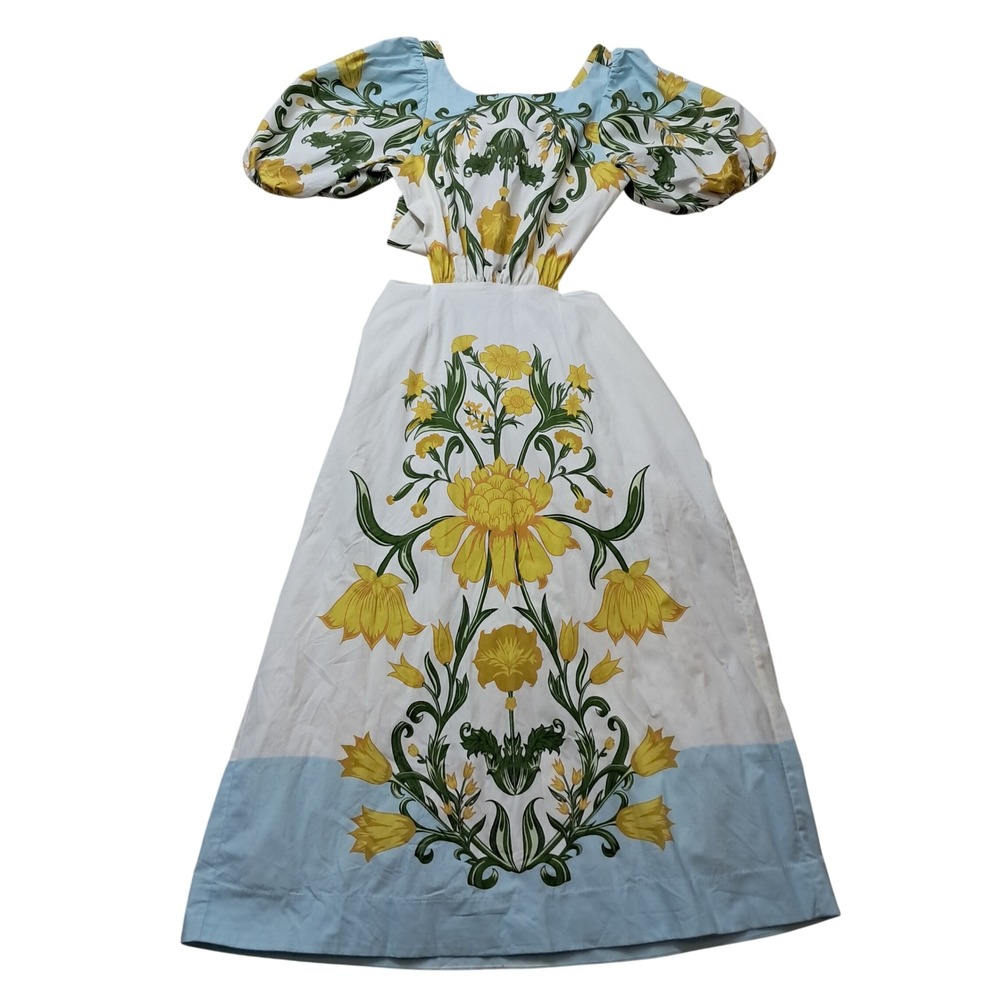 NWT Mestiza New York Eileen Midi Dress Womens Large Blue Yellow Cutout Floral